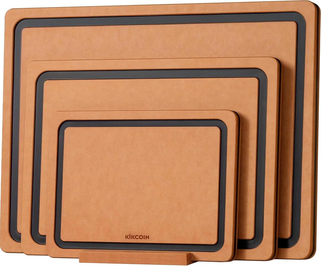 Kikcoin Wood Cutting Board Set of 3, Cutting Boards for Kitchen with Holder Dishwasher Safe Non-slip Chopping Board with Juice Groove, Wood Fiber Composite Cutting Boards