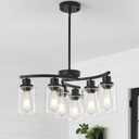 6-Light Black Chandeliers Modern Farmhouse Dining Room Light Fixtures Over Table with Clear Glass Shade, Height Adjustable Industrial Hanging Lighting for Kitchen Island Foyer Hallway Entryway