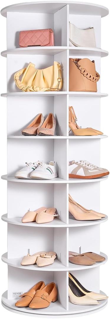 VEVOR 7 Tiers Rotating Shoe Rack Tower, 360Spinning Shoe Display, Revolving Shoe Rack Storage Round Carousel, Lazy Susan Shoe Rack Organizer, Ideal for Bedroom, Living Room, Entryway, White