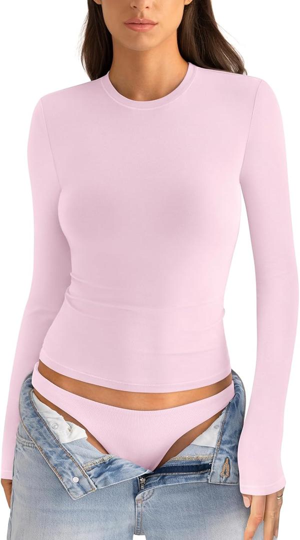 Womens Cotton Long Sleeve Shirts Crew Neck Fitted Basic Going Out Outfits Undershirt Spring Fall Clothes 2025 (X-Small, Baby Pink)