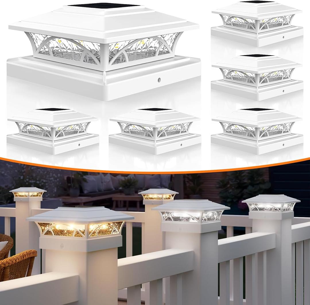 APONUO Solar Post Cap Lights 6 Pack - 4x4 5x5 6x6 Fence Post Lights, Auto On/Off, Waterproof IP64, 2-Mode (Warm/Cool White), Deck Patio Yard Solar Light for Wood & Vinyl Posts, White