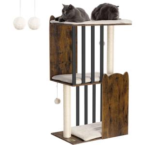 FourFurPets 43.8in 3-Tier Modern Cat Tree Tower Condo, Cat Scratch Posts for Indoor Cats, Big Plate, Two 19.7in Full Sisal Scratching Posts, Rustic Brown