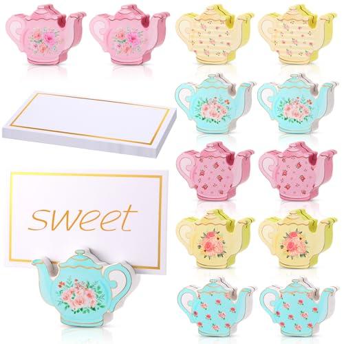 Kigley 13 Pcs Teapot Wooden Place Card Holder Wooden Table Sign Teapot Picture Number Sign Stands Holder for Wonderland Tea Party Baby Shower (Cute)