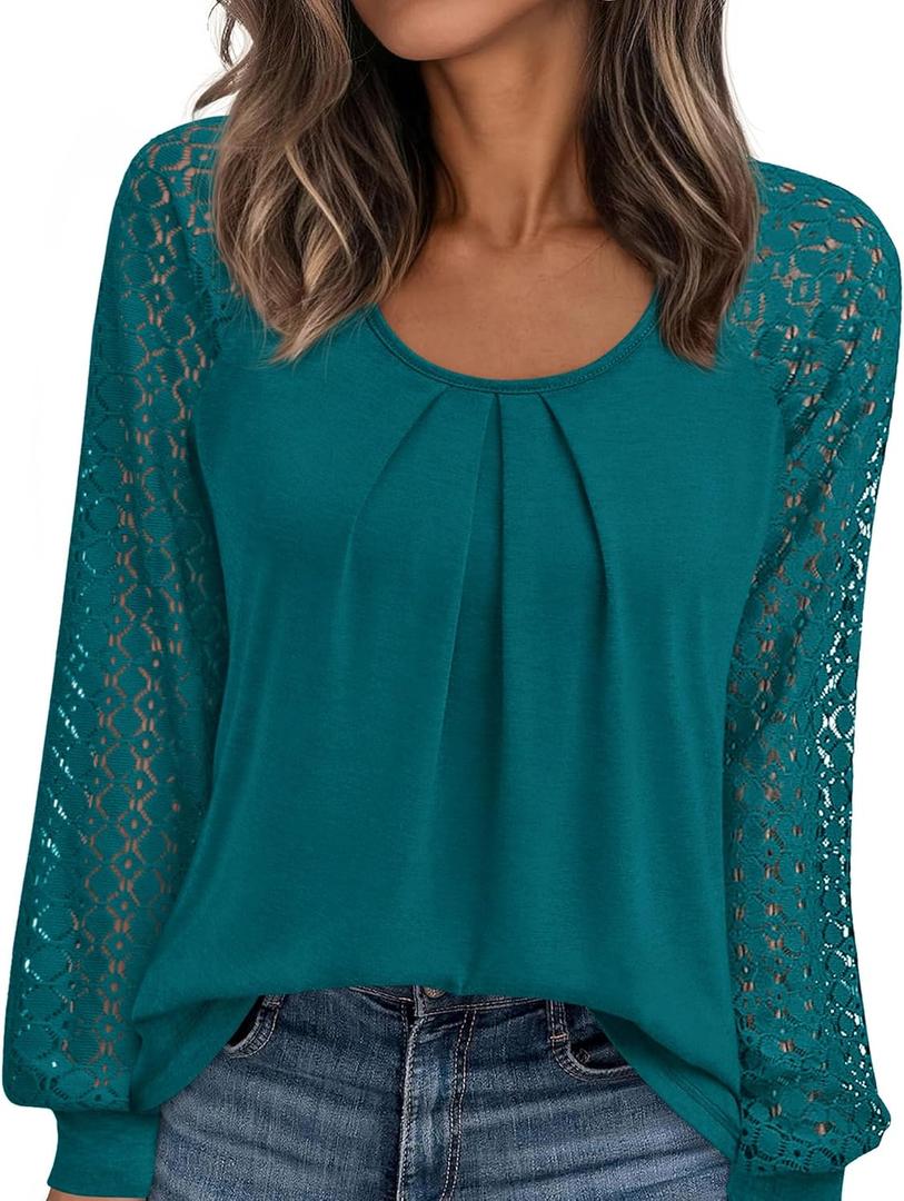 PRETTYGARDEN Womens Long Sleeve Shirts Lace Tops 2026 Spring Fashion Outfits Dressy Casual Blouses Work Clothes (Blue, XL)