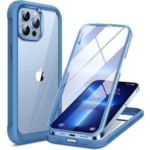 Miracase Glass Case for iPhone 13 Pro Max 6.7 inch, 2023 Upgrade Full-Body Clear Bumper Case with Built-in 9H Tempered Glass Screen Protector, Capri Blue