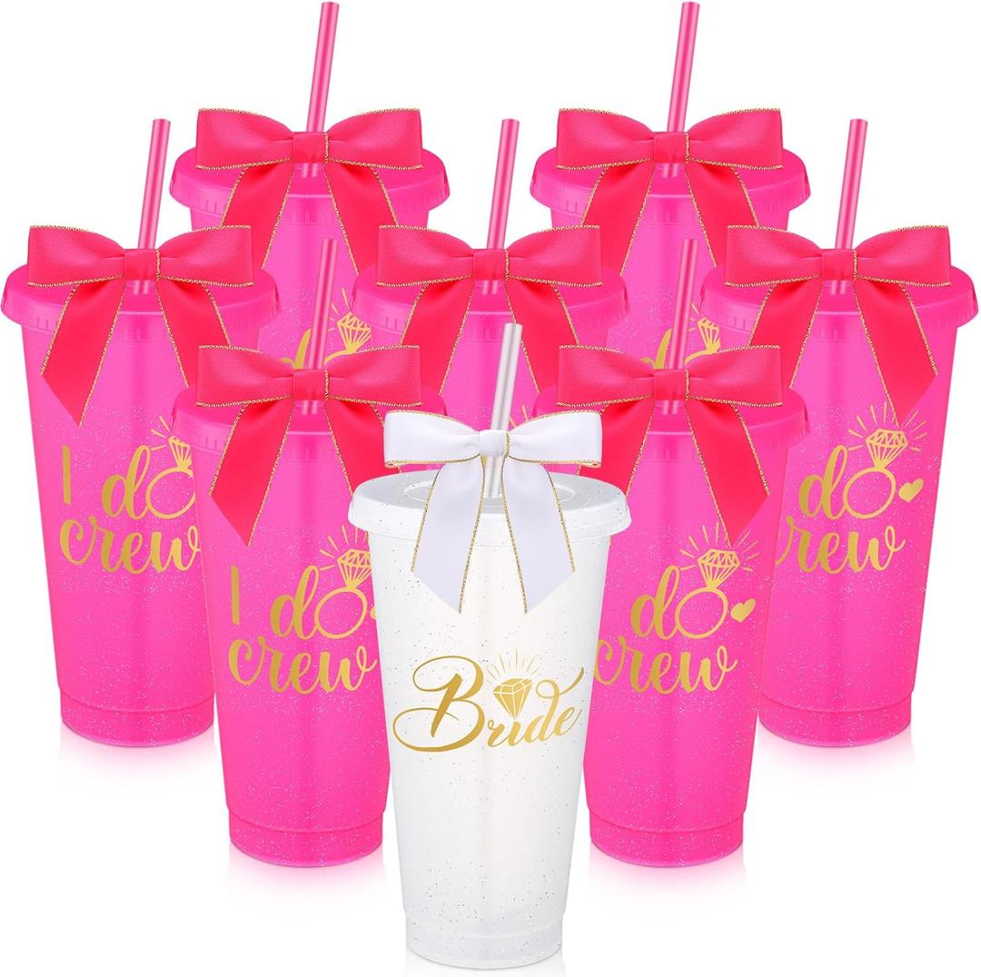 8 Pcs Bridesmaid Plastic Tumbler with Straw Lid and Twist Bow 24 oz I Do Crew and Bride Reusable Tumbler Bridal Party Proposal Gifts Bachelorette Party Gifts for Wedding Bridal Bridesmaids (Rose Red)