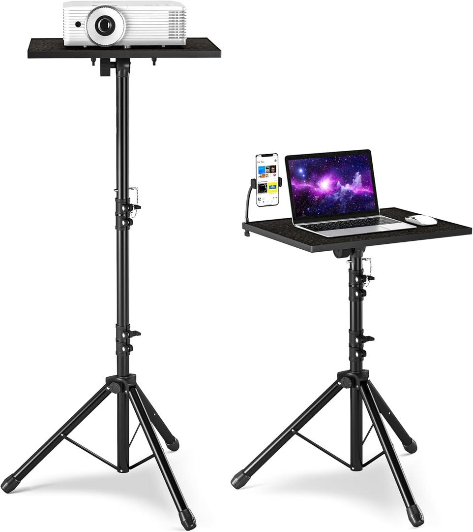 Projector Stand with Enlarged Tray (20"x16"), Laptop Tripod Stand Adjustable From 22" to 46.5" with Gooseneck Phone Holder for Office, Home, Stage, Studio, DJ Racks Musical Instruments (Black)