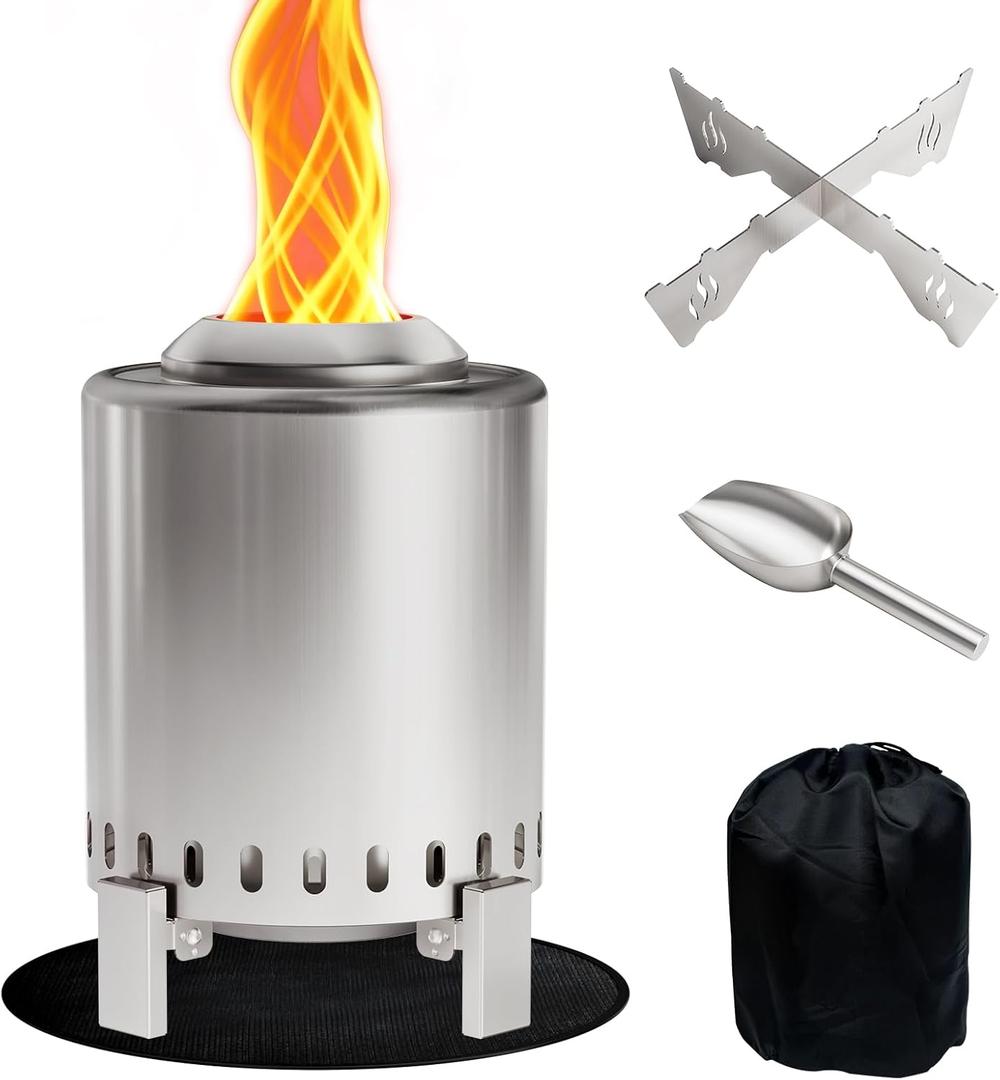 Mistmo Tabletop Fire Pit with Pan Stand, Portable Stainless Steel Firepit Stove for Camping, Burns Pellets or Wood, Includes Travel Bag, Silver