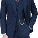 Retro Mens 3 Piece Suit Tweed Herringbone Slim Fit Suits Groomsmen Brown Tuxedos Set Prom Jacket Blazer Vest Pants for Men (XX-Large, Navy Blue)