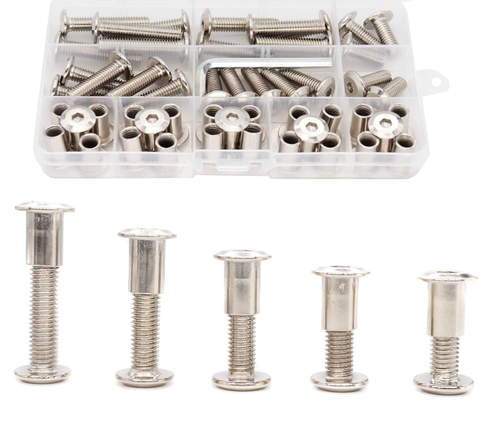 binifiMux 50pcs M8x20mm/25mm/30mm/35mm/40mm Rivet Countersunk Hex Socket Cap Bolts and Hex Head Barrel Nuts Assortment Kit for Furnitures Cribs Chairs, Nickel Plate