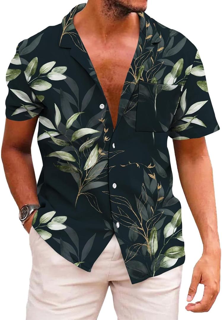 KYKU Funky Hawaiian Shirt for Men Palm Beach Shirts Tropical Vacation Clothes (3X-Large, Black Leaf)