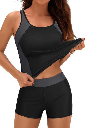 Black and Gray Women 2 Piece Tankini Swimsuit - 2025 Tummy Control Sporty Bathing Suit Color Block Swim Tank Top with Boy Shorts XL
