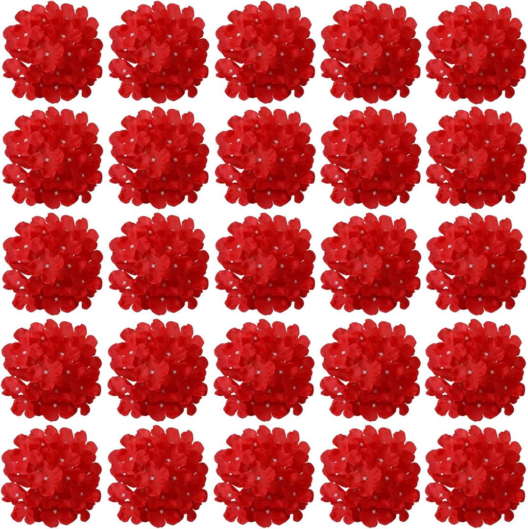 FagusHome 30 Pcs Silk Hydrangea Heads Artificial Flowers Heads and Stems Fake Hydrangea Flowers for Home Wedding Decor (Red)