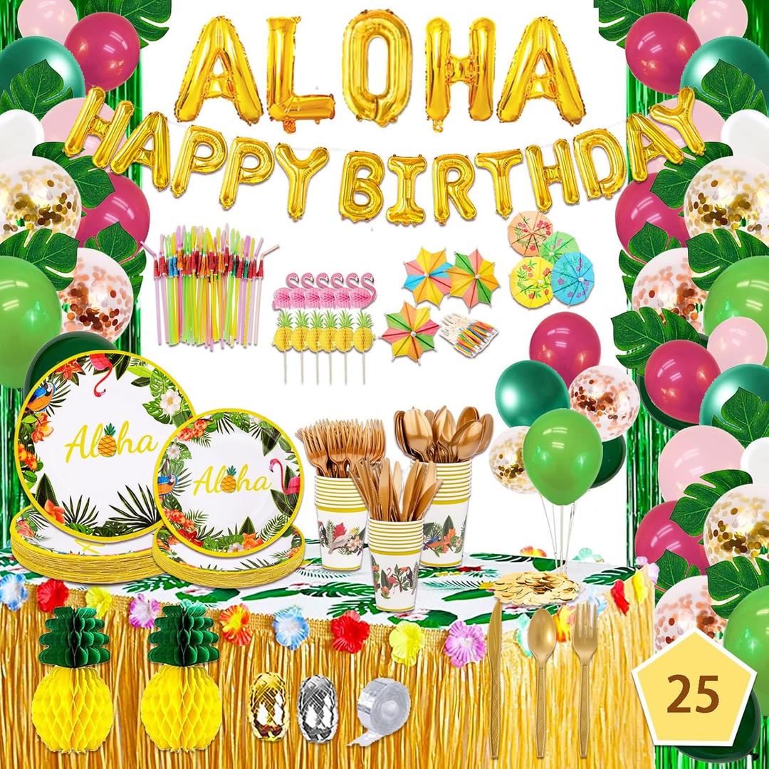 323 Luau Party Decorations, Hawaiian Party Decorations Kit For Adults - "ALOHA"&"HAPPY BIRTHDAY" Banner, Balloons, Cake Topper, Straws, Table Skirt, Dinnerware Set For 25 Guests (Tropical)