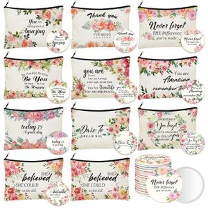Kacctyen 20 Pcs Floral Inspirational Gifts Canvas Cosmetic Bags Compact Mirrors Makeup Bags Thank You Travel Toiletry Pouch Bulk Mothers Day Gift for Church Mom Women Teacher Coworker Employee