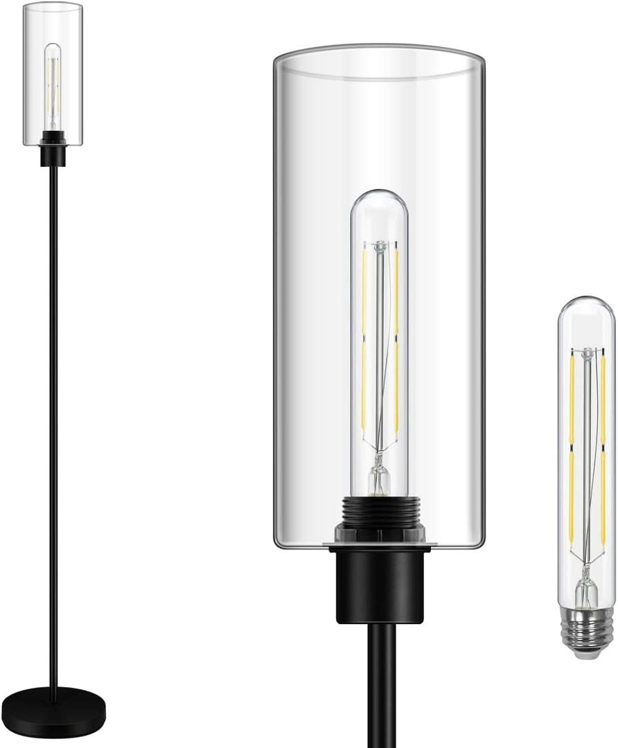 BoostArea Floor Lamp With Glass Lampshade, 4W Bulb Included - Modern Standing Pole Lamp for Living Room, Bedroom, Office, Kids Room, Reading (Black)