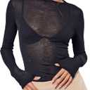 Women's Sheer Mesh Long Sleeve T Shirts Boat Neck Slim Fit Tee Tops Going Out See Through Shirts (Medium, Black)