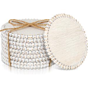 Meanplan 10 Pieces Beaded Wood Coasters Bulk Farmhouse Coasters for Drinks Coffee Table 4.7 Inch Round Farmhouse Beaded Rustic Decorative White Bar Mats for Home Kitchen Decor