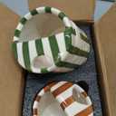 2 Pack Ceramic Coffee Mug with Sip Hole Espresso Cup 10oz with Straws Retro Hand Painted Striped Porcelain Coffee Tea Cup Cappuccino Latte Mug for Kitchen Dining Travel (Green,Brown)