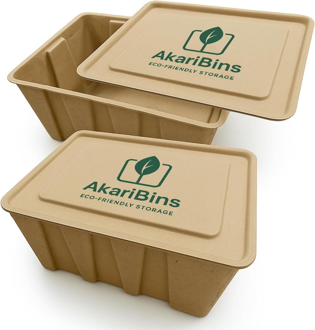 AkariBins Durable Eco Storage Bins  14.5 Qt - Plastic-Free - Stackable Boxes with Lids - Home Office, Toy Room, Art, Pantry Storage - Strong Fiber for Dry Use - 2-Pack (13.8 x 10.2 x 5.9 Inch)