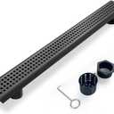 Offset Linear Shower Drain, Matte Black Shower Drain 32 inch with Removable Grate Cover, Brushed 304 Stainless Steel Side Outlet Black Shower Floor Drain with Hair Catcher and Leveling Feet