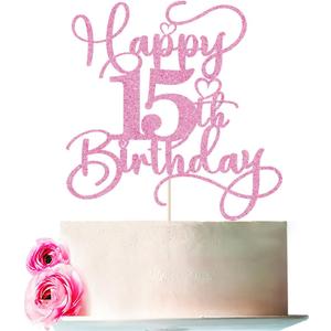 Pink Happy 15th Birthday Cake Topper 1pcs Glitter Cake Topper for fifteen Birthday/Anniversary Theme Party Cake Decorations Supplies