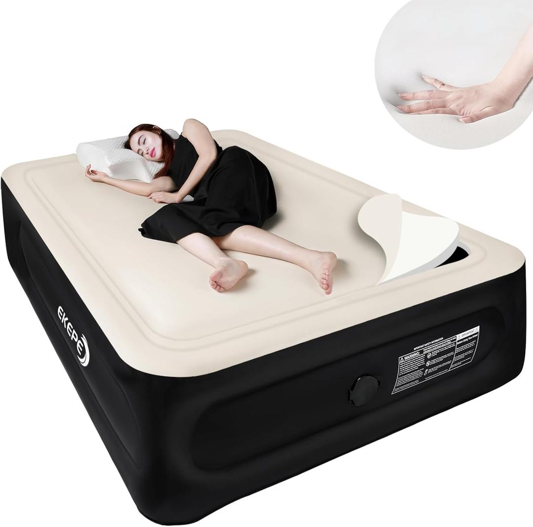 Silk Foam Air Mattress Queen with Built in Wireless Pump, 18 inches Luxury Heavy Duty Inflatable Air Mattress with Foam Topper for Home, Guests & Camping, Portable Blow Up Air Bed - Beige