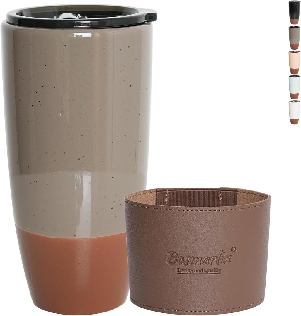 Bosmarlin Ceramic Travel Coffee Cup with Lid, 21 oz, Portable Coffee Mug for Car Cup Holder, Microwave and Dishwasher Safe, Reactive Glaze (Grey) (Gray)
