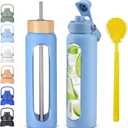 32 oz Glass Water Bottles with Straw and Lid 1 Liter Borosilicate Glass Tumbler With Silicone Sleeve and 2 Lids, Handle Spout & Bamboo Straw Lid, Leakproof BPA Free for Gym, Office, Home & Travel (Sky Blue)