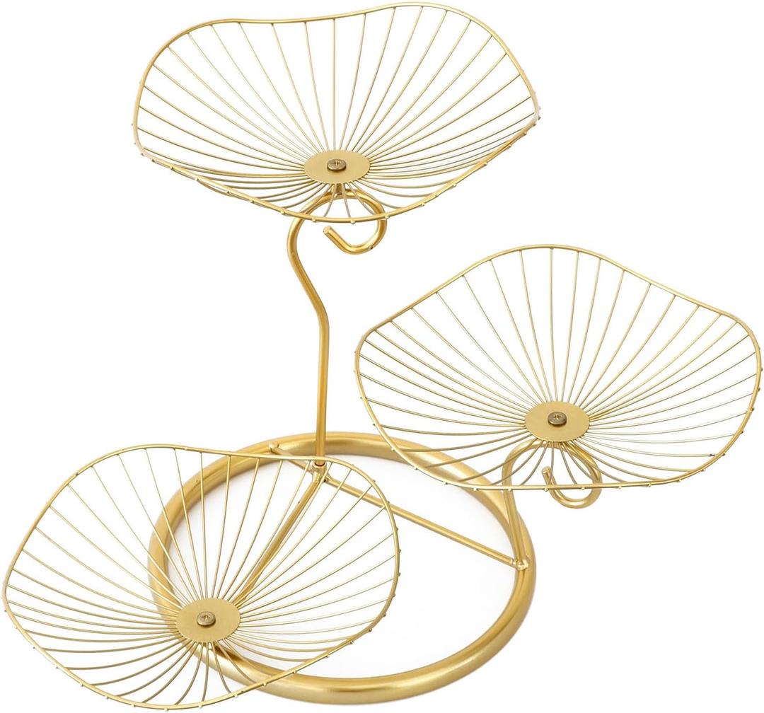 IBWell 3-Tier Metal Fruit Basket Holder Decorative Fruit Bowl Stand(Type A, Gold)
