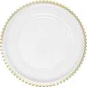 Ms Lovely Clear Charger Plates with Metallic Beaded Rim - Set of 6 - Made of Thick Plastic - Gold