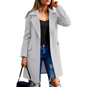 Fazortev women's Pea Coat Notch Lapel Single Breasted Wool Blend Mid Long Jacket Trench Overcoat (Large, Light Grey)