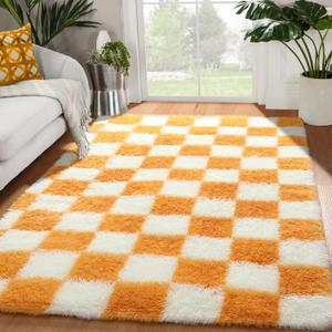 KICMOR 4x6 Rugs for Bedroom Living Room, Orange and Cream White Fluffy Fuzzy Checkered Shag Area Rug Shaggy Bedside Carpet, Furry Plush Soft Rug for Kids Boys Girls Room Nursery Playroom Home Decor (4' x 6', Orange / White)
