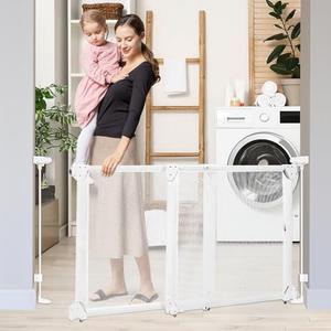 No Bottom Bar Baby Gate for Stairs, 34-55” Adjustable Baby Gate with Large Walk Thru Door, Mesh Dog Gate Indoor/Outdoor, Dual Openings Child Safety Gate for Doorways, White