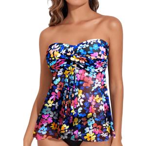 Women Bandeau Tankini Top Only Mesh Strapless Swimsuits Top Halter Flyaway Bathing Suits No Bottom (Small, Colorful Flowers)
