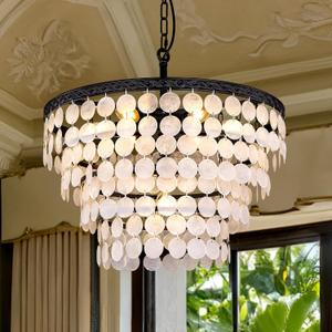 Wellmet Modern Coastal Black Pendant Light, Natural Capiz Shell Chandelier, 7-Light Vintage Lighting Fixture, for Dining Room, Living Room, Hallway, Entryway, Kitchen, Bedroom