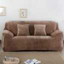 vctops 1-Piece Velvet Plush Stretch Sofa Slipcover with Elastic Bottom Soft Fuzzy Fluffy Couch Covers for 3 Cushion Couch Furniture Protector for Kids, Pet (Camel,Sofa)