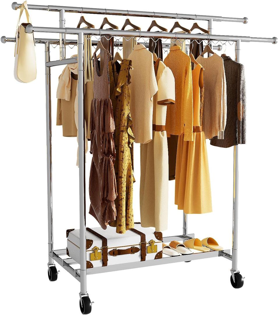 mahumahu Heavy Duty Clothes Rack, Rolling Clothing Rack with Sturdy Wheels and Shelves, Double Rods Clothing Racks for Hanging Clothes, Portable Adjustable Garment Rack, Stainless Steel, 24"D x 70"W x 62"H