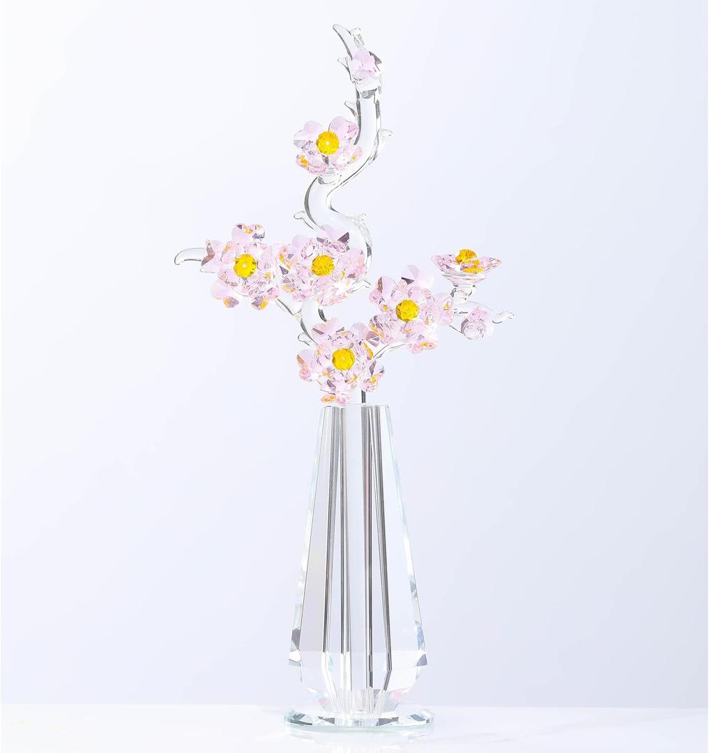 Pink Cherry Blossom Crystal Flowers with Stems - Glass Flowers with Vases Japanese Cherry Gifts Decor for Wife Girlfriend Women - Crystal Collectible Home Table Decor for Valentines Wedding Gifts