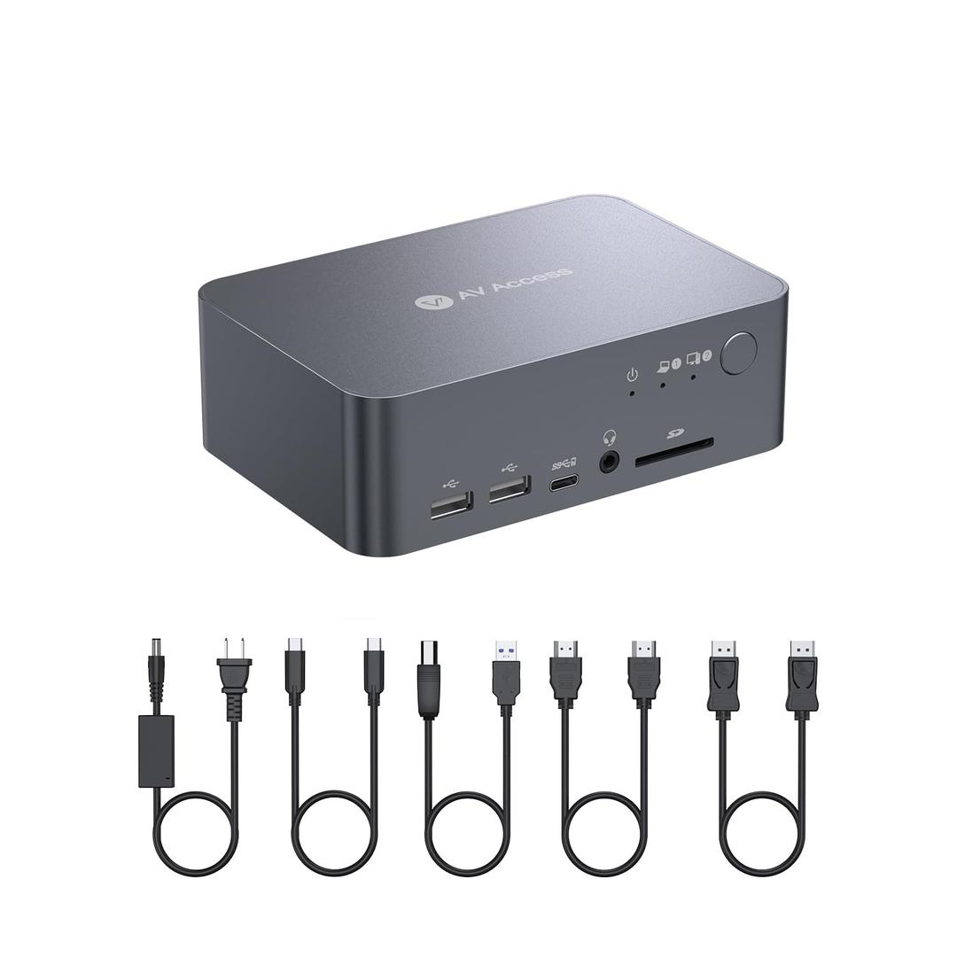 AV Access KVM Switch 2 Monitors 2 Computers with Ethernet, EDID, 4K@60Hz/2K@144Hz/1080P@240Hz, KVM Docking Station Dual Monitor for Laptop & Desktop, USB-C Charge, Aluminum, 3xUSB 3.0, Power Supply
