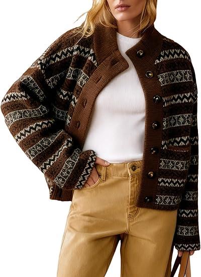 Arssm Womens Button Up Cardigan Sweater Crewneck Jacquard Knit Long Sleeve Color Block Cardigan Jackets (M, Brown)