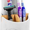 VITVITI Toothbrush Holders for Bathrooms, 3 Slots Toothpaste Holder Storage, Marble Look Bathroom Organizer Countertop for Sink/Vanity/Makeup, Round Bath Room Accessories, White Resin with Bamboo