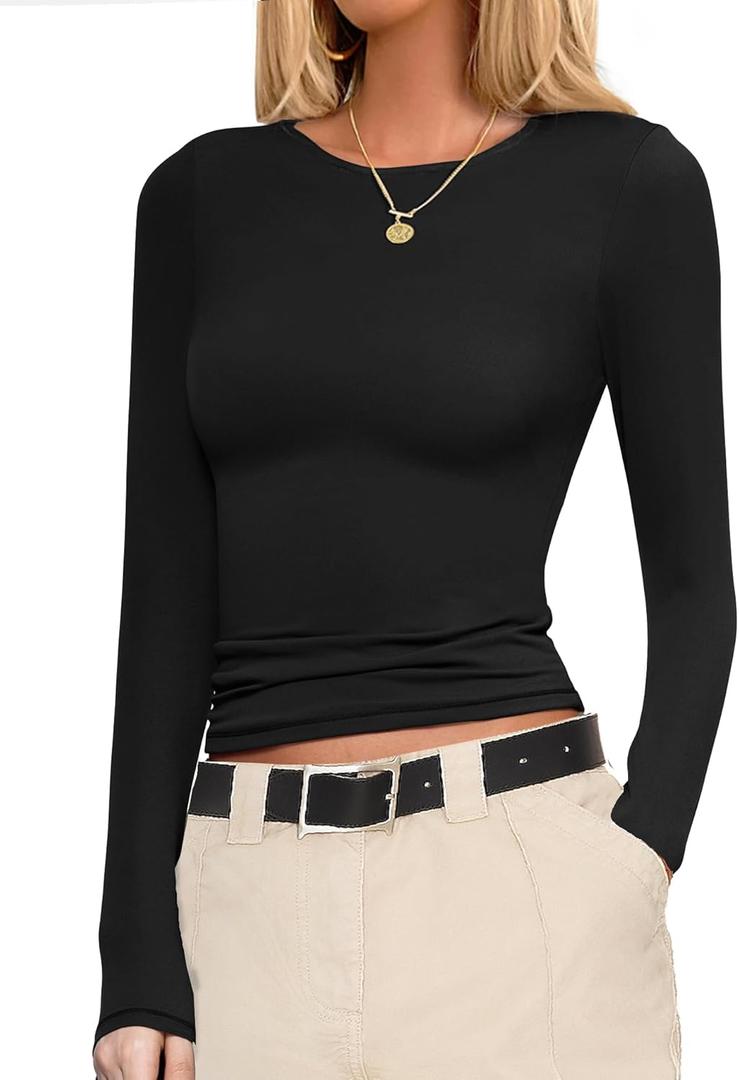 Ekouaer Womens Long Sleeve Shirts Fitted Tops Stretchy Base Layer Basic Tight Thermal Undershirt XS-XXL (Black). L Size