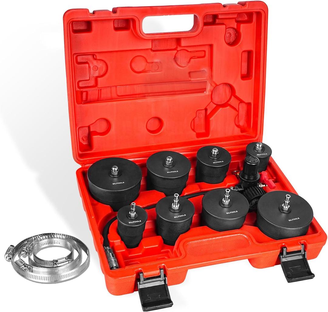 BILITOOLS Turbo Boost Leak Tester Kit, 10-Piece Turbo System Leakage Tester Kit with T-Bolt Hose Clamps to Prevent loosening and 4 Pairs of Stepped Adapters 1-3/8" to 3-1/2". BILITOOLS Turbo Boost Leak Tester Kit, 10-Piece Turbo System Leakage Tester Kit with T-Bolt Hose Clamps to Prevent loosening and 4 Pairs of Stepped Adapters 1-3/8" to 3-1/2".