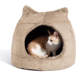 Catstages Meow Hut, Covered Cat Bed Cave for Indoor Cats, Cozy Enclosed with Removable Cushion, 16” x 15” x 15”, For Small Pets Up to 15 lbs, Tan, Small