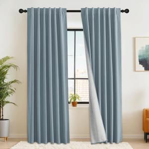 RYB HOME 100% Blackout Flax Linen Curtains, Rod Pocket & Back Tab Window Treatment, Privacy Drapes for Living Room/Bedroom/Dining/Nursery, Set of 2, W52 x L84, Misty Blue