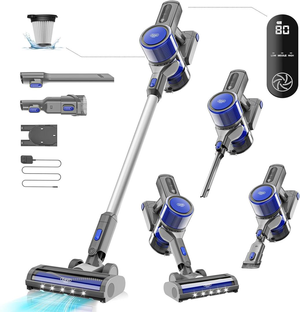 Gevi Cordless Vacuum Cleaner for Home, Stick Vacuum with Powerful Suction Design, LED Display, Long Runtime Detachable Battery, Deep Clean for Hard Floor Carpet [2024 Upgraded] (Blue)