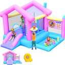 Inflatable Bounce House for Kids 3-10, 123" L x 110" Bouncy Castle, Jumping, Slide, Basketball Hoop, Ball Pits, Rings, Target Game Blower Included