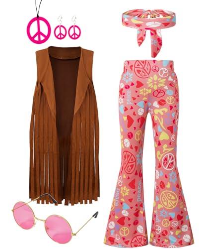 LENSOUS Girls Kids 60s 70s Hippie Costume Pants Set Outfits Fringe Vest Peace Flared Pants Accessories Set（Pink,8-10 Years）, G2991