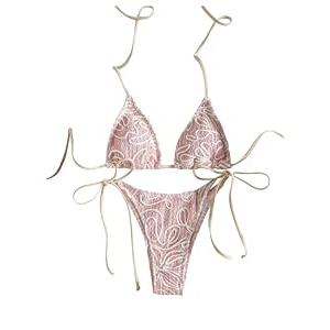 RoseSeek Women's 2 Piece Floral Bikini Sets Halter Triangle Bathing Suits Thongs Swimsuits Cheeky Swimwear Beach Outfits Pink Small